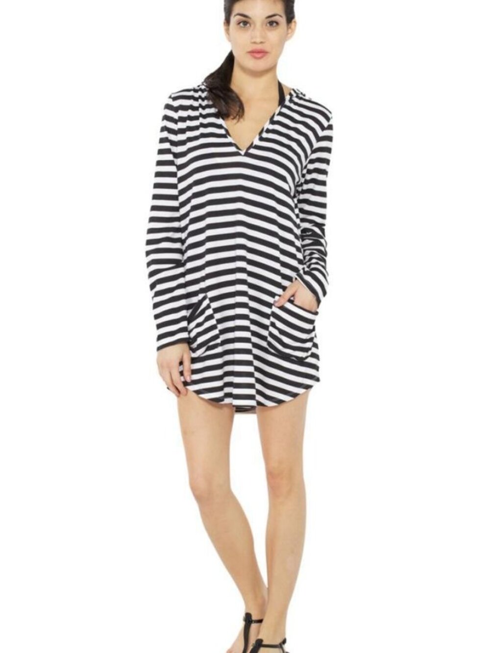 Ella Moss Calypso Striped Hooded Tunic Cover Up Black White em85102 NWT
